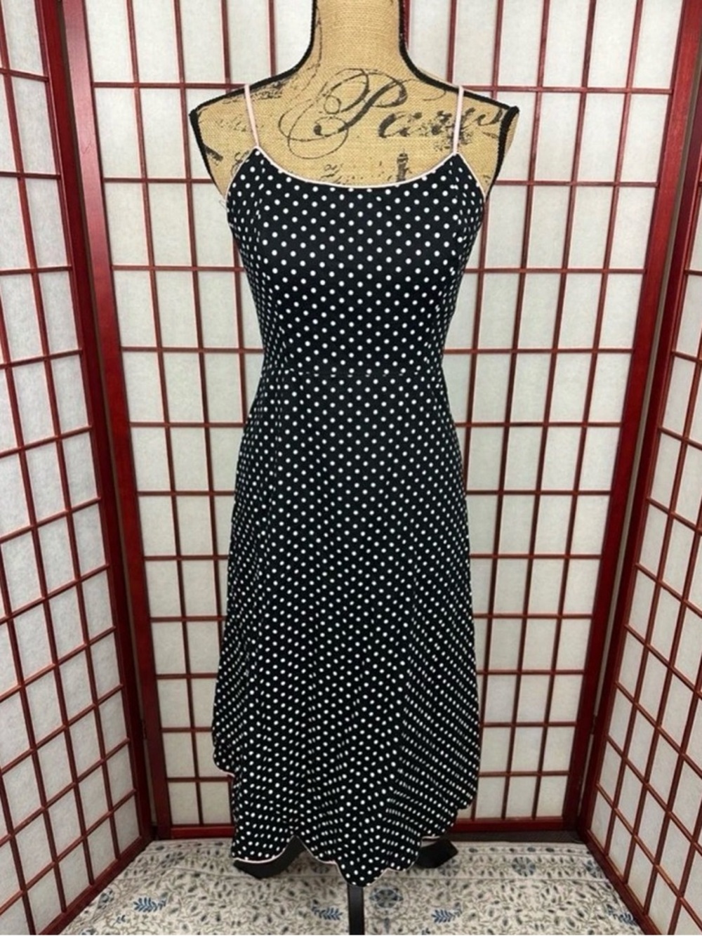 Vintage Jessica Howard Black Polka Dot Pink Trim Retro Rockabilly Midi Dress